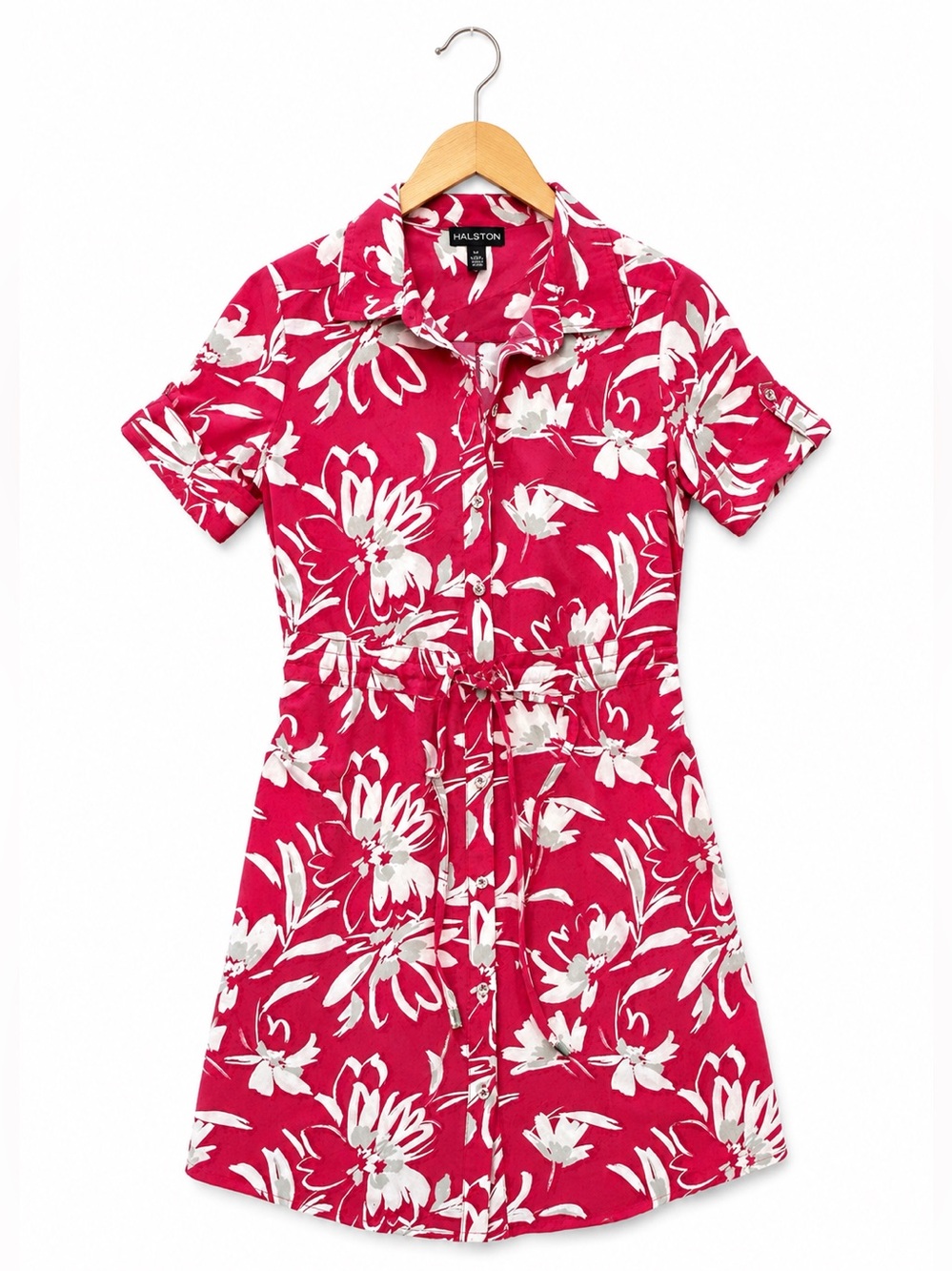 Halston Heritage red Floral Belted Shirt Dress luxury Resort Vacation Chic XS